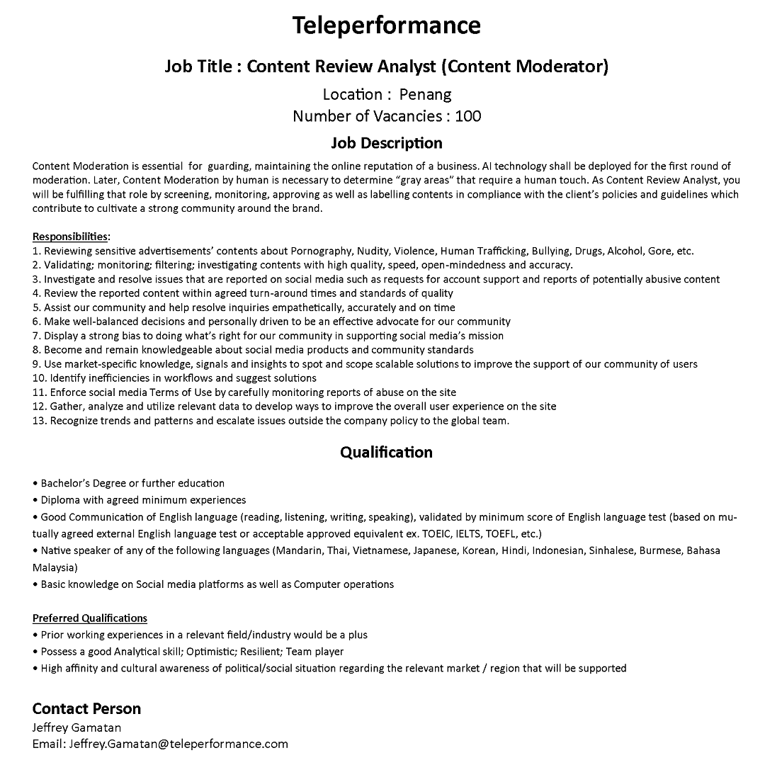 Teleperformance Content Review Analyst Content Moderator